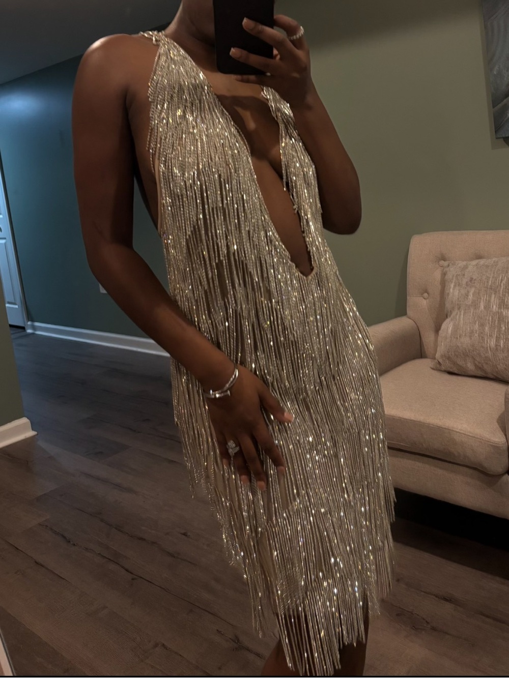 Silver Swarovski Fringe Deep-V Cocktail Dress